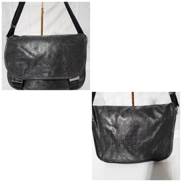 Authentic GUCCI Imprime Monogram Medium Double Buckle Flap Messenger Bag Black - Picture 7 of 16